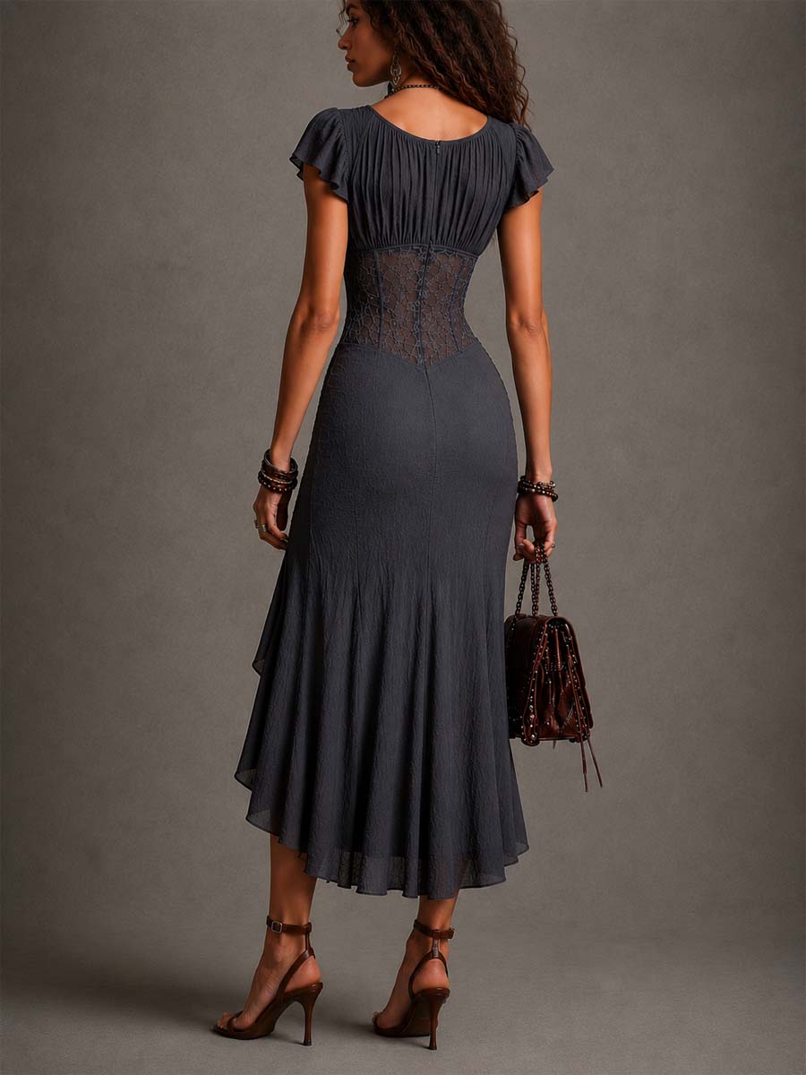 Vestido Midi Gris Oscuro con Corsé y Fruncidos