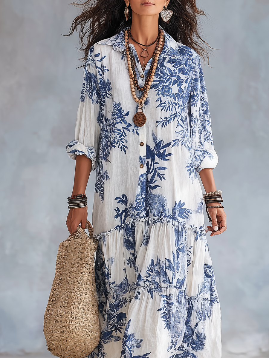 FAYE | Vestido Maxi Floral Azul con Botones