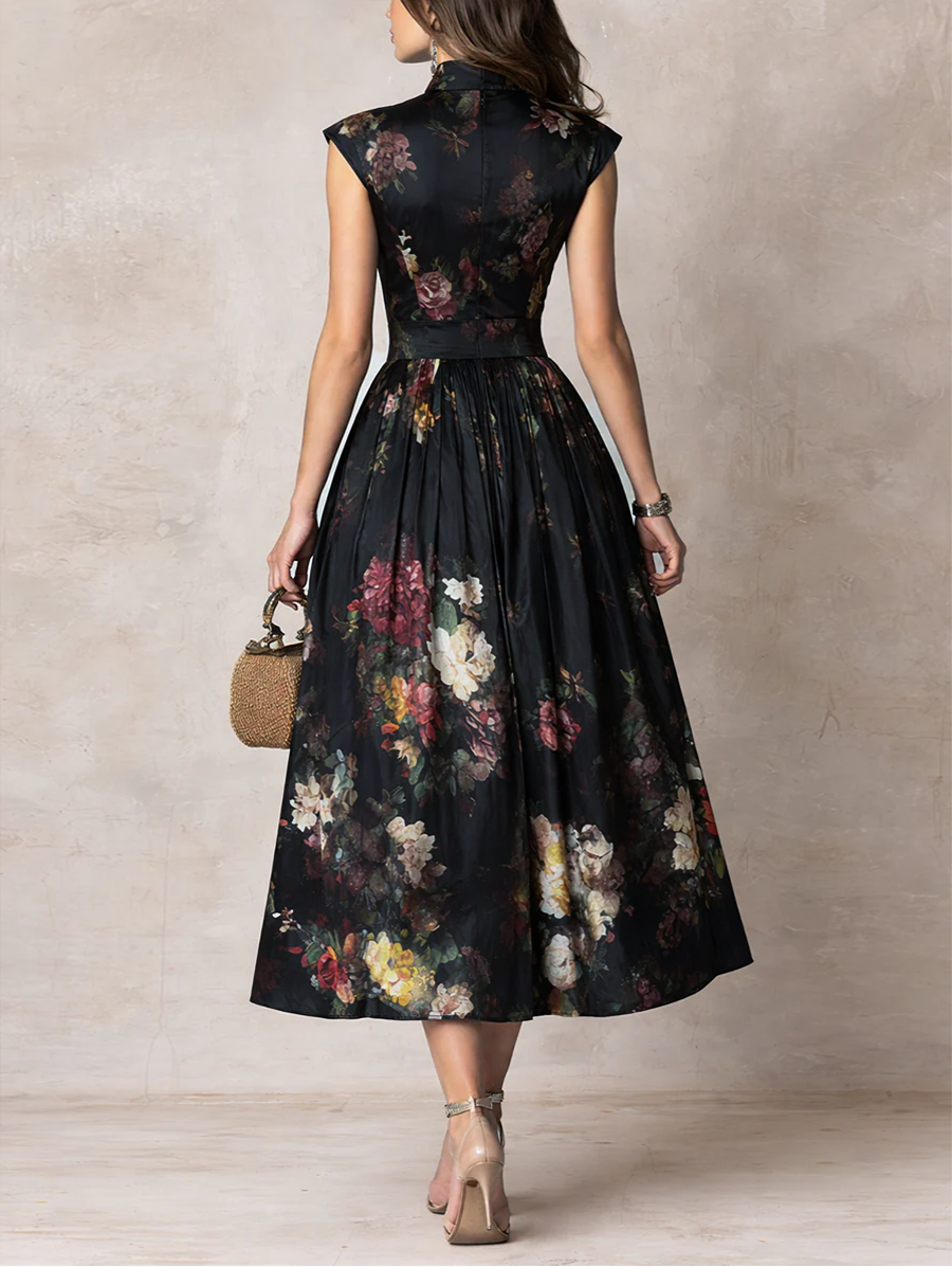 Vestido Midi Elegante de Satén Plisado con Cuello de Ojal