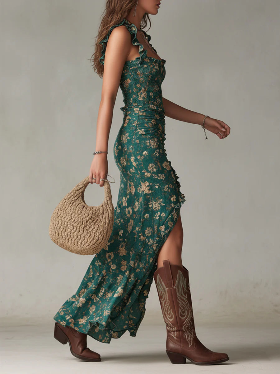 Vestido Maxi Bohemio Verde con Estampado y Mangas con Volantes