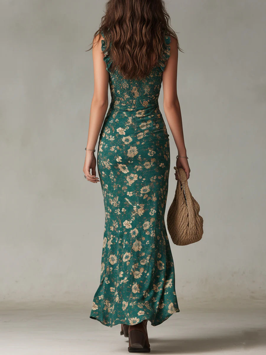 Vestido Maxi Bohemio Verde con Estampado y Mangas con Volantes