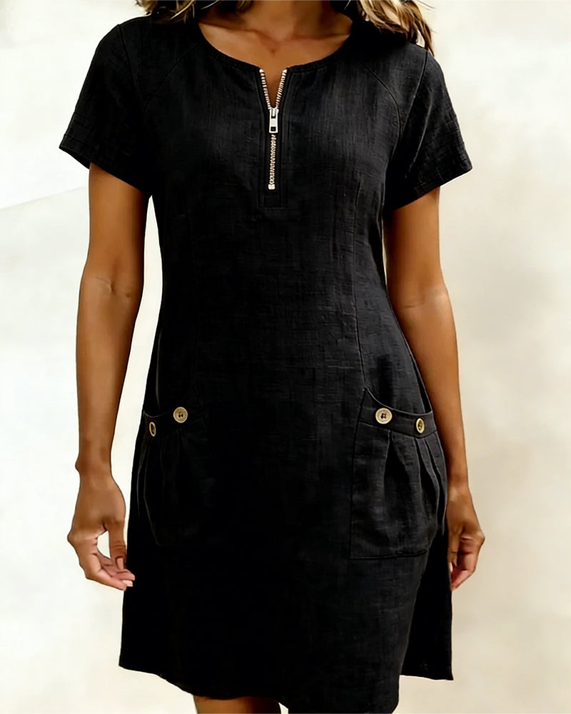 Vestido con cremallera y bolsillo, de algodón y lino