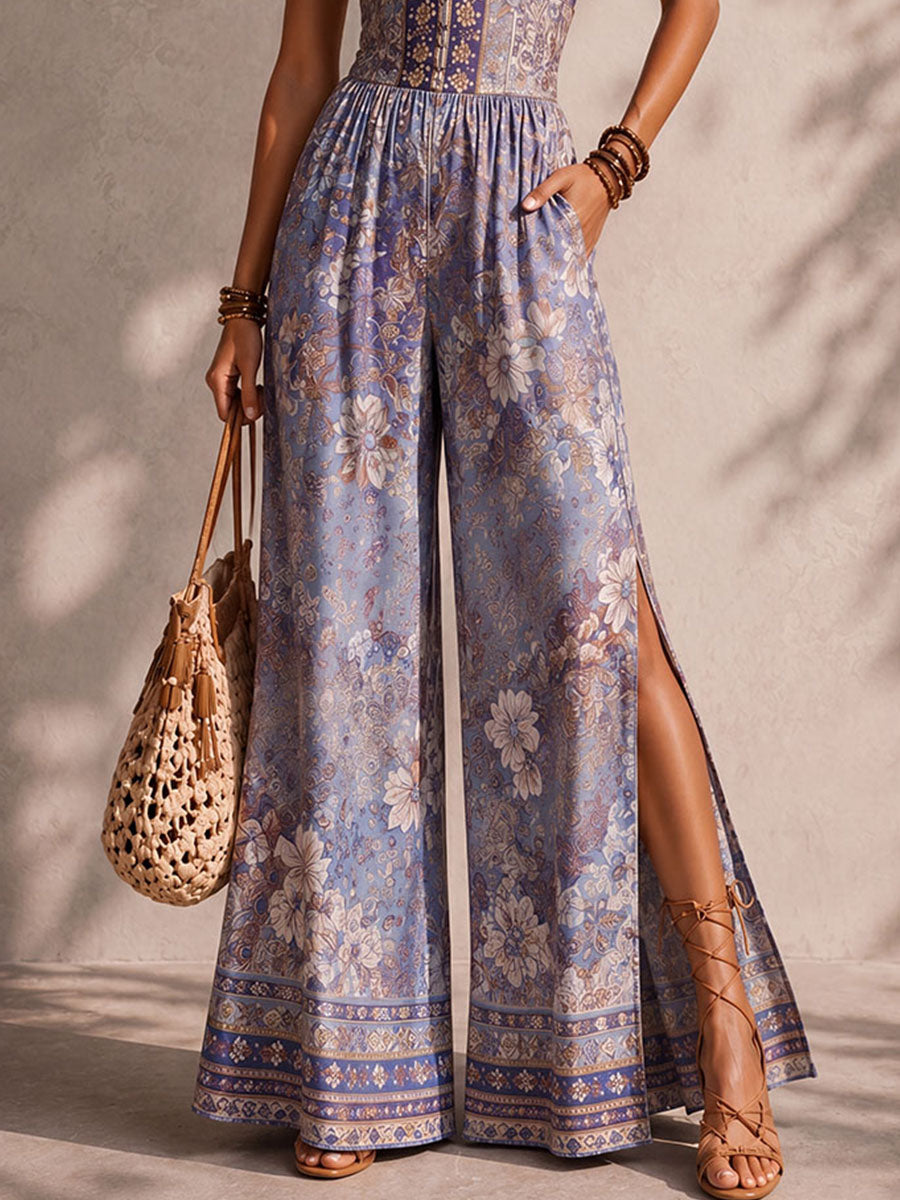 Mono Bohemio Floral de Pierna Ancha con Cuello Halter y Escote Ojal