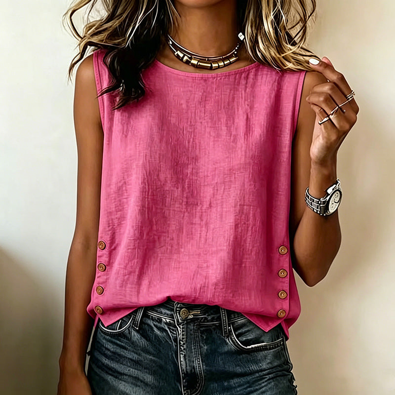 Camiseta Casual de Algodón y Lino de Color Liso con Cuello Redondo y Botones