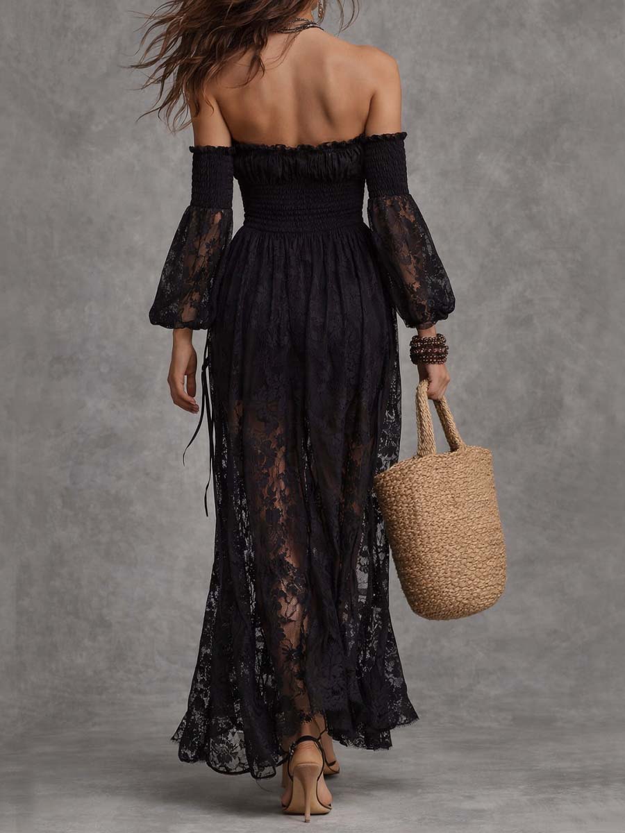 Vestido Maxi Negro de Encaje con Hombros Descubiertos y Cuerpo Fruncido