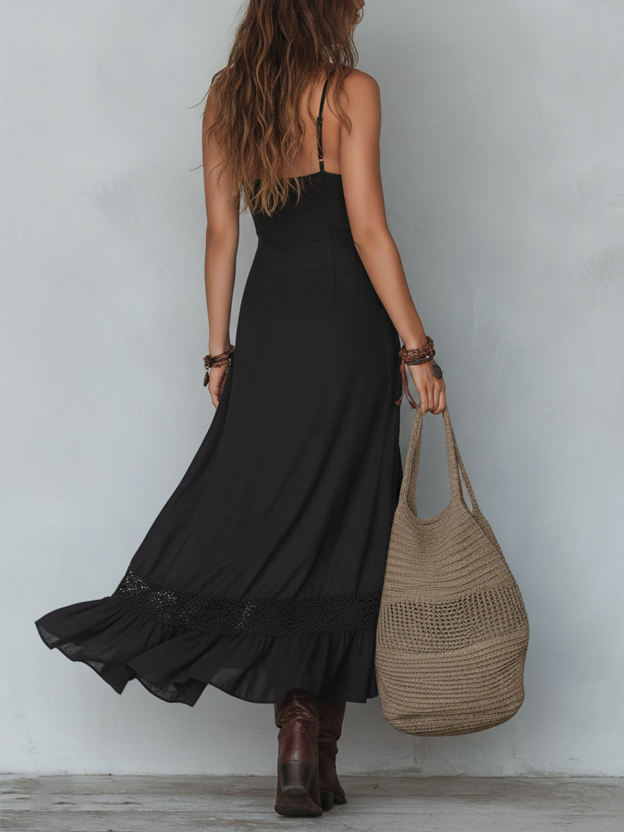 Vestido Maxi Retro de Tencel con Ribetes de Encaje y Bajo Asimétrico