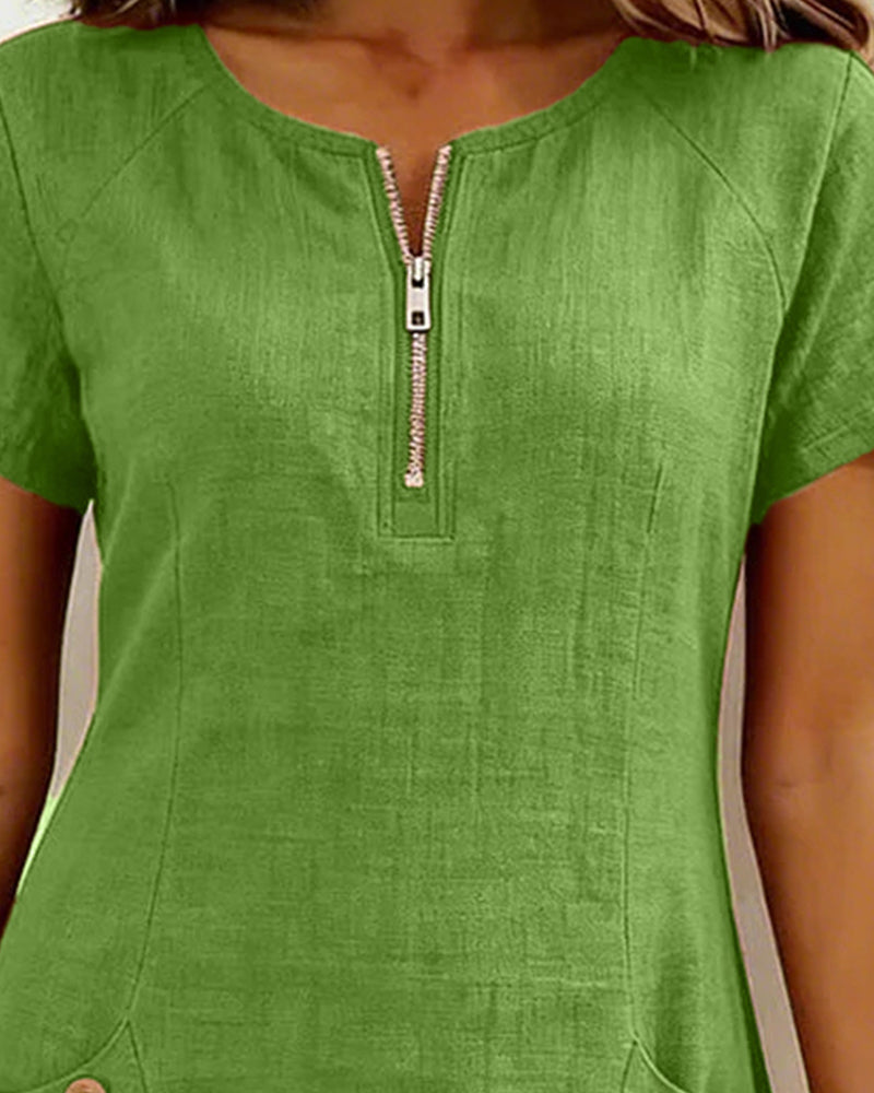 Vestido con cremallera y bolsillo, de algodón y lino