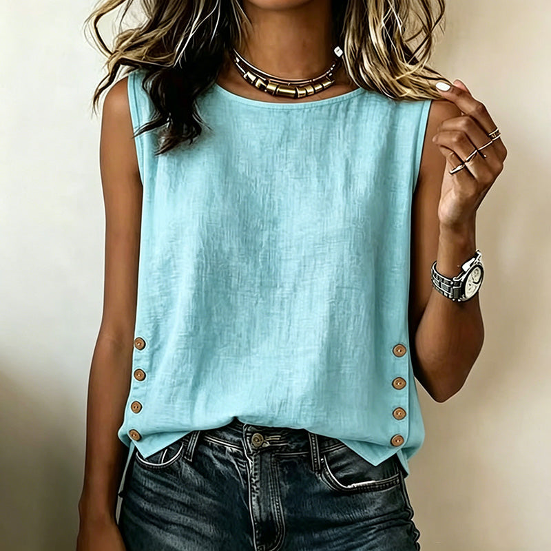 Camiseta Casual de Algodón y Lino de Color Liso con Cuello Redondo y Botones