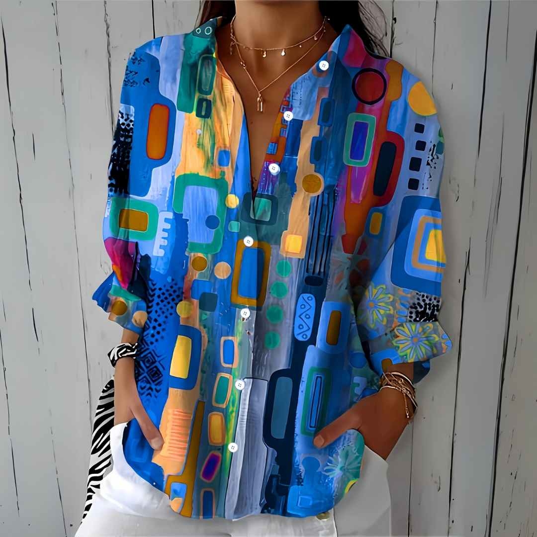 Catalina | Blusa Abotonada con Estampado Artístico Vibrante