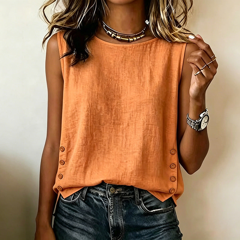 Camiseta Casual de Algodón y Lino de Color Liso con Cuello Redondo y Botones