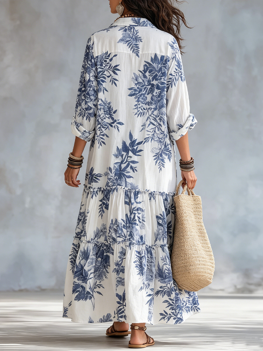 FAYE | Vestido Maxi Floral Azul con Botones