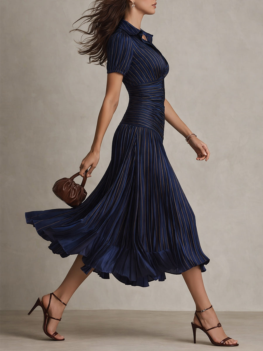 Vestido Midi Ajustado con Pliegues de Satén y Rayas Retro