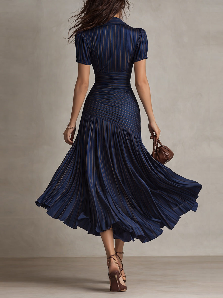 Vestido Midi Ajustado con Pliegues de Satén y Rayas Retro