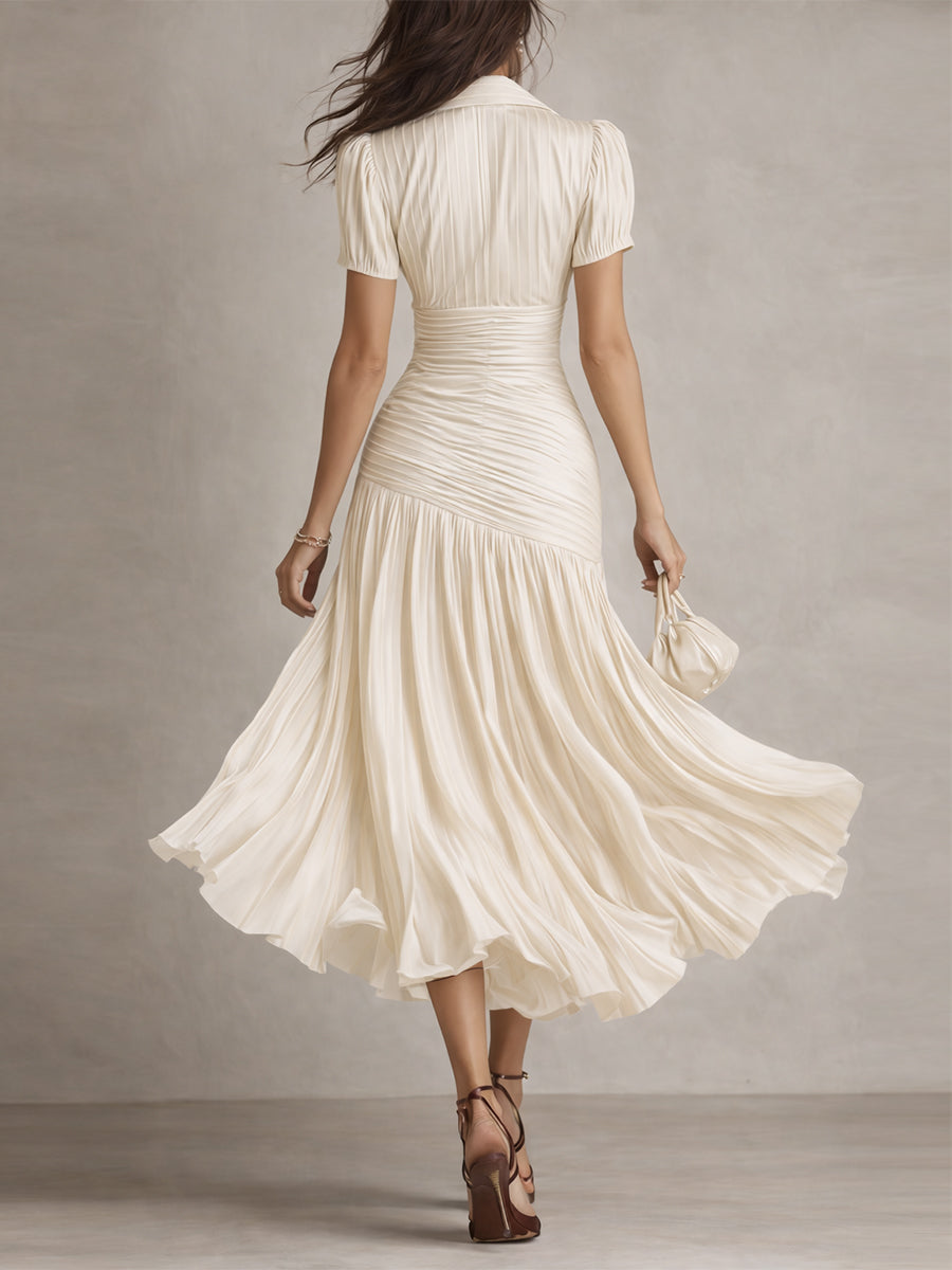 Vestido Midi Ajustado con Pliegues de Satén y Rayas Retro