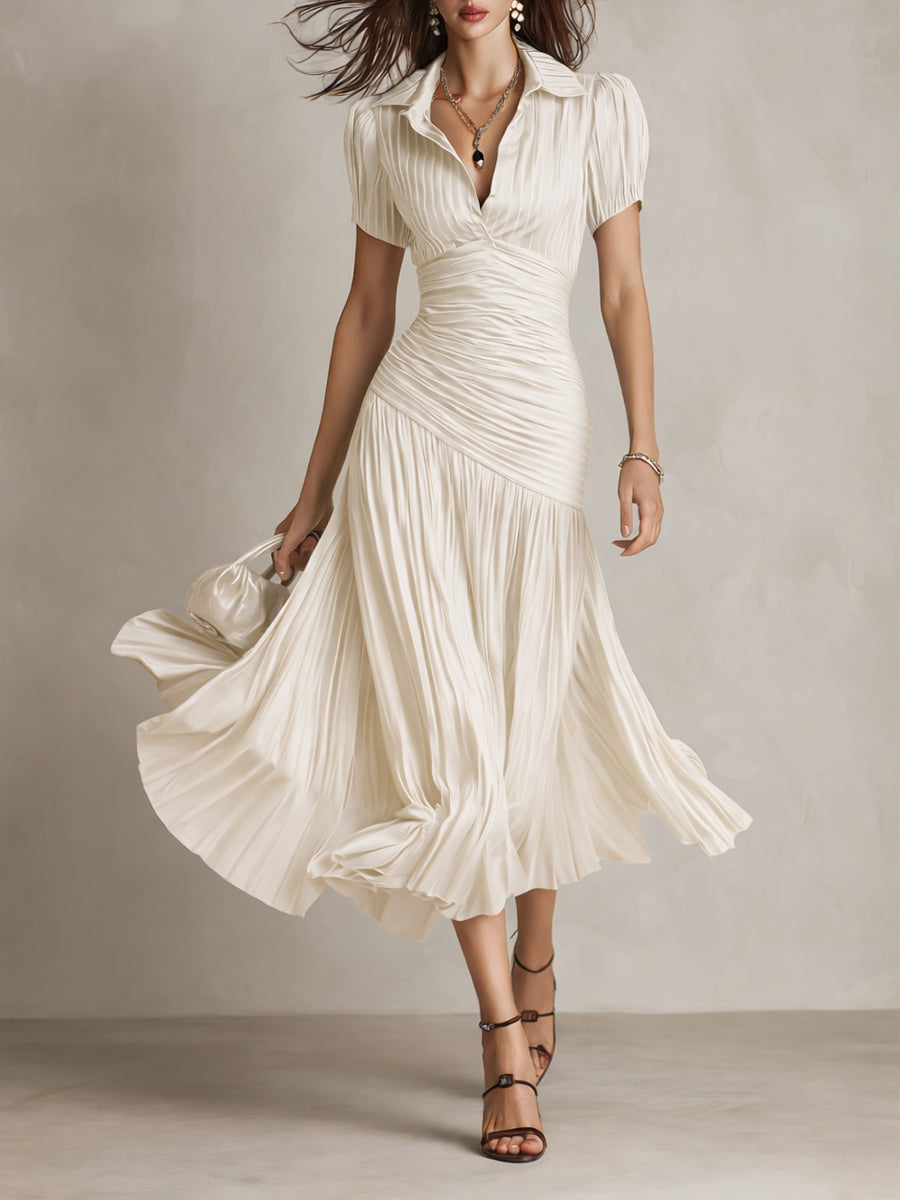 Vestido Midi Ajustado con Pliegues de Satén y Rayas Retro