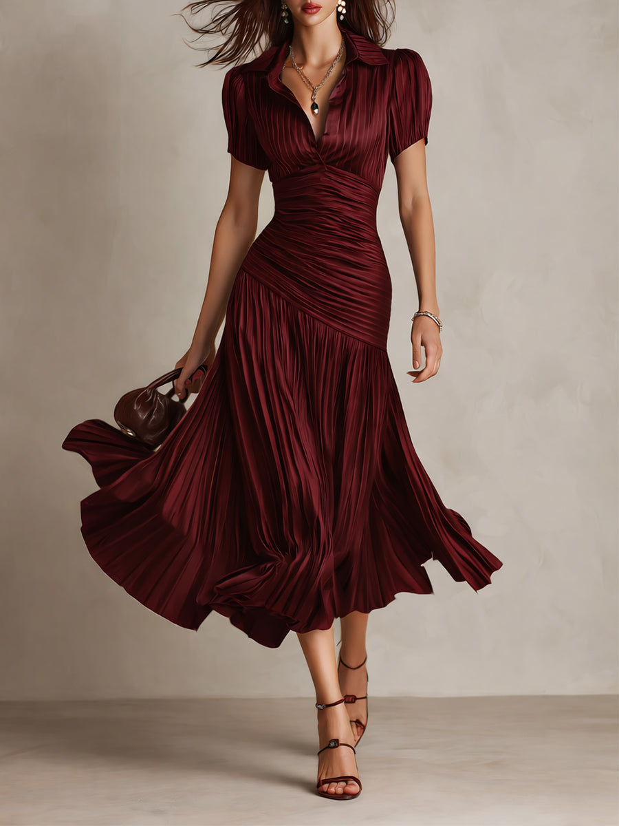 Vestido Midi Ajustado con Pliegues de Satén y Rayas Retro
