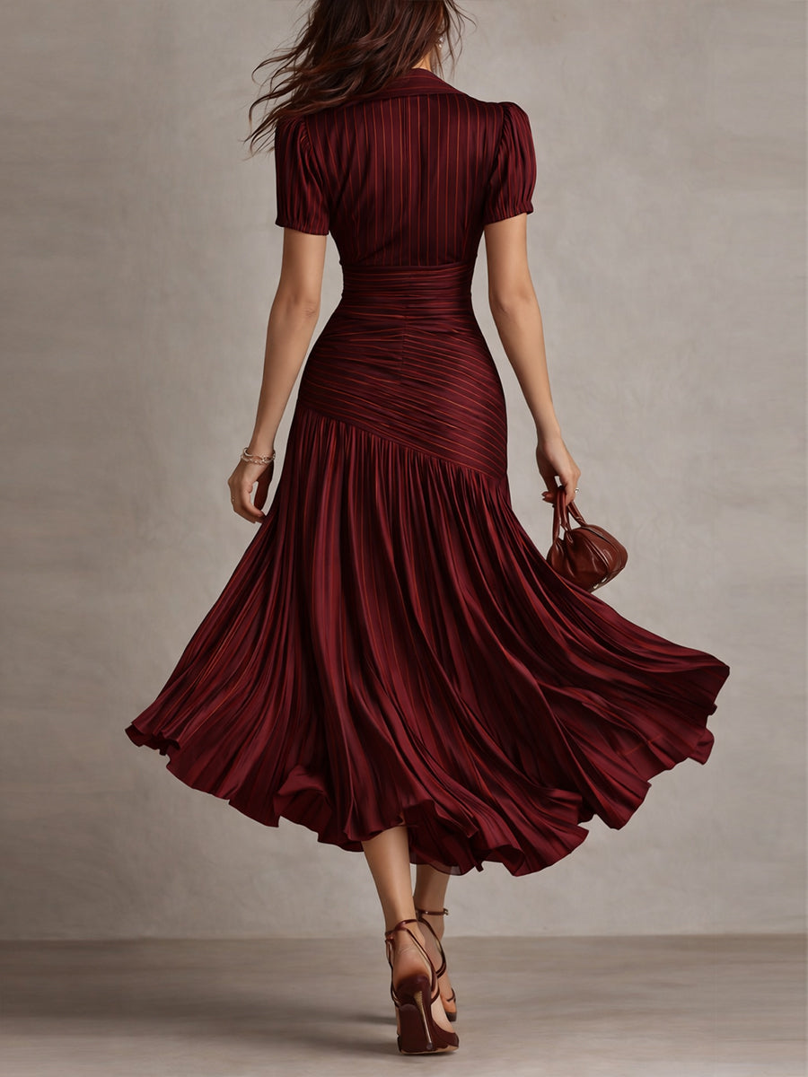 Vestido Midi Ajustado con Pliegues de Satén y Rayas Retro