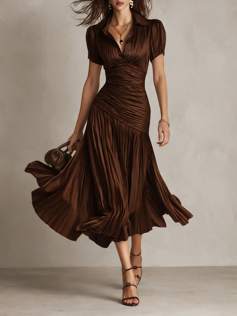 Vestido Midi Ajustado con Pliegues de Satén y Rayas Retro