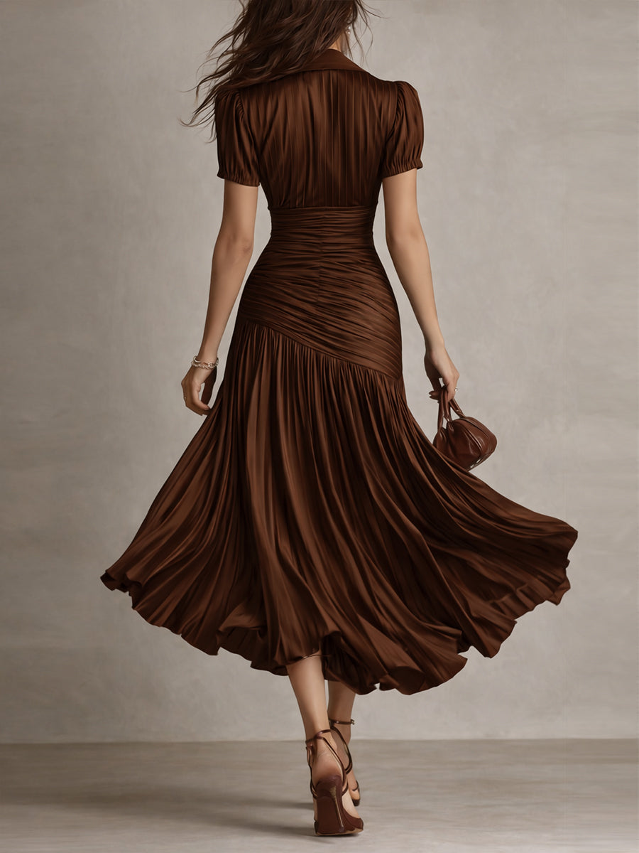 Vestido Midi Ajustado con Pliegues de Satén y Rayas Retro