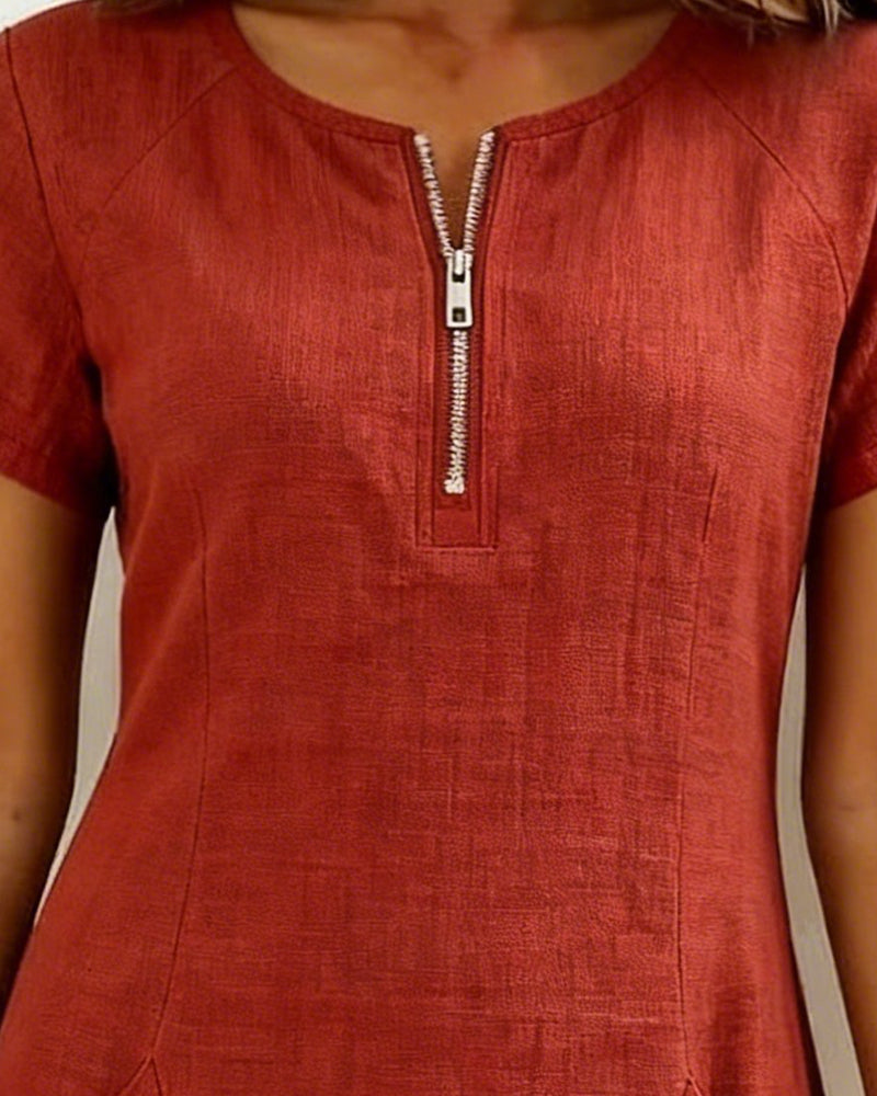 Vestido con cremallera y bolsillo, de algodón y lino