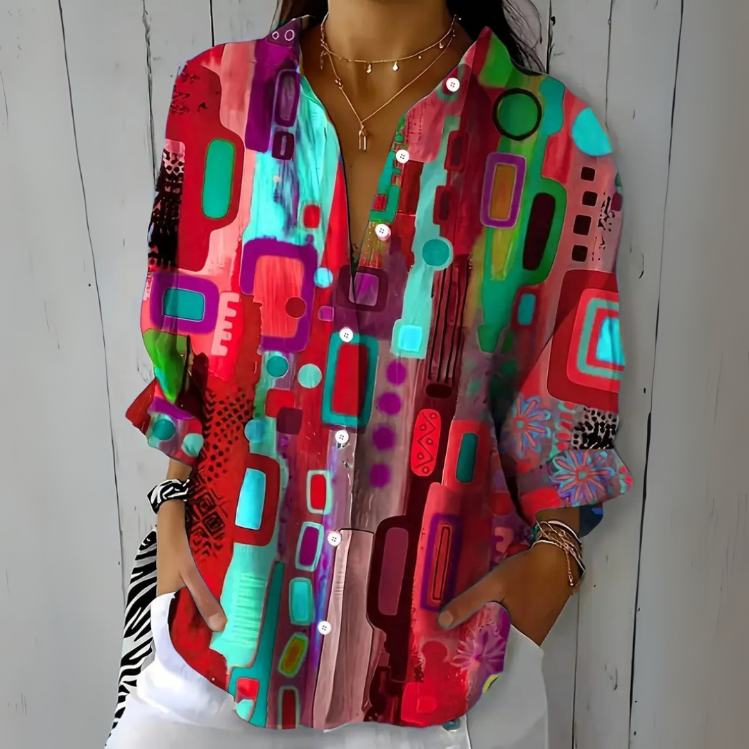 Catalina | Blusa Abotonada con Estampado Artístico Vibrante