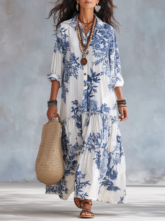 FAYE | Vestido Maxi Floral Azul con Botones