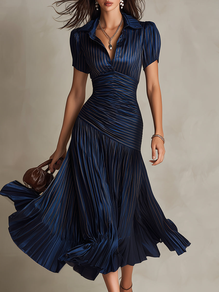 Vestido Midi Ajustado con Pliegues de Satén y Rayas Retro