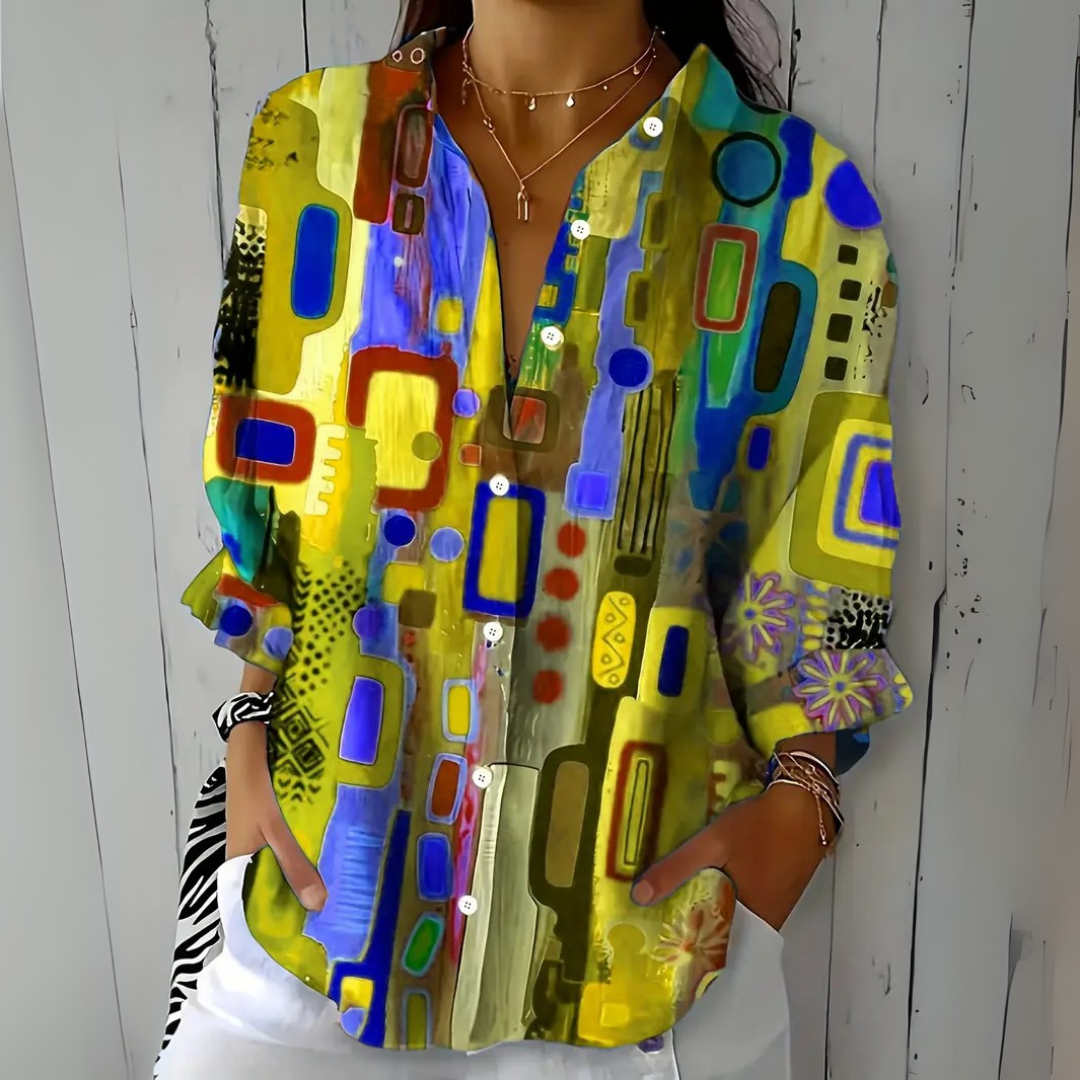 Catalina | Blusa Abotonada con Estampado Artístico Vibrante