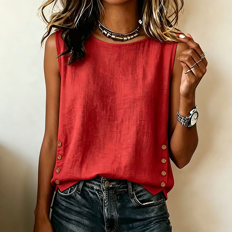 Camiseta Casual de Algodón y Lino de Color Liso con Cuello Redondo y Botones