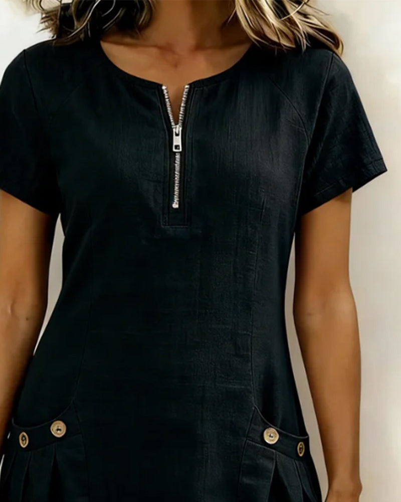 Vestido con cremallera y bolsillo, de algodón y lino