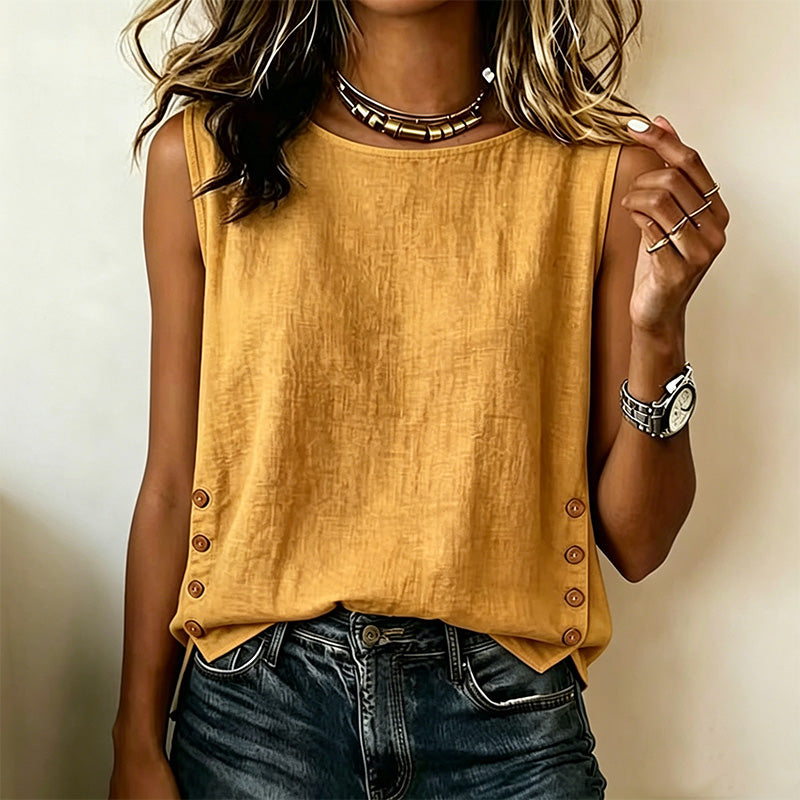 Camiseta Casual de Algodón y Lino de Color Liso con Cuello Redondo y Botones