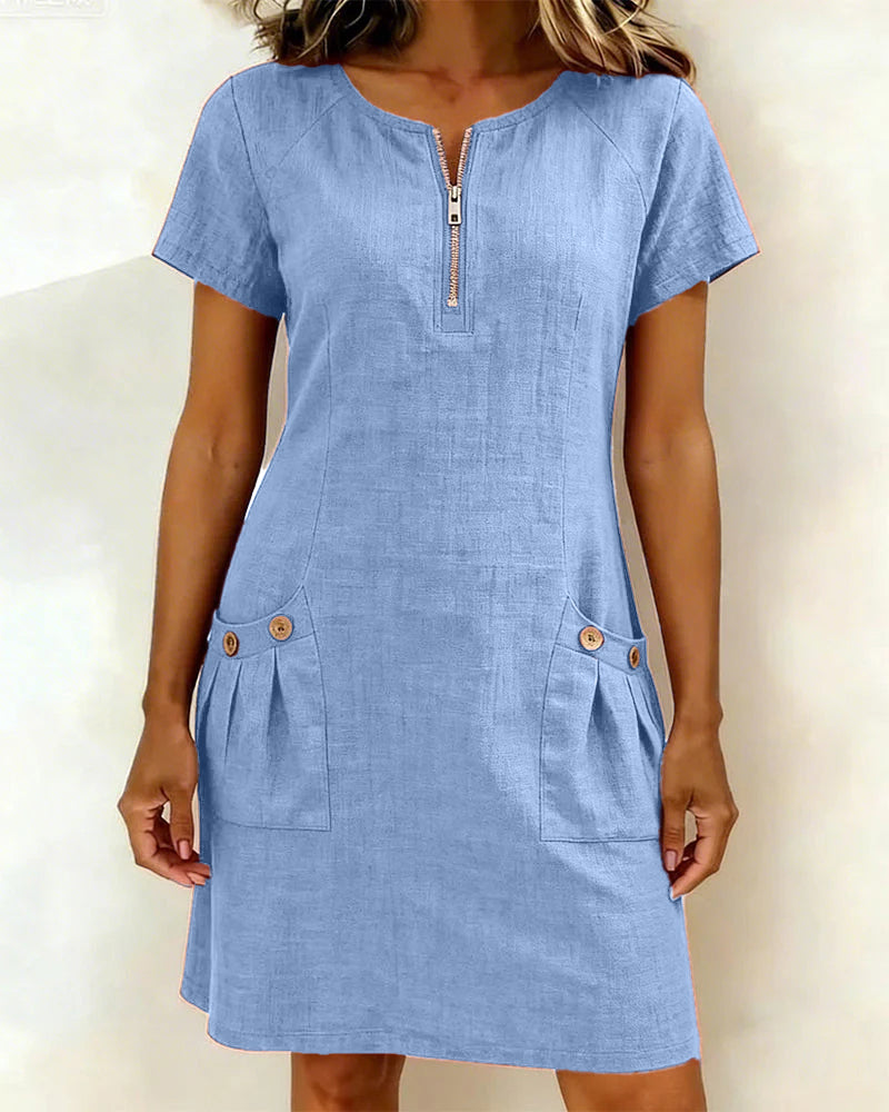 Vestido con cremallera y bolsillo, de algodón y lino