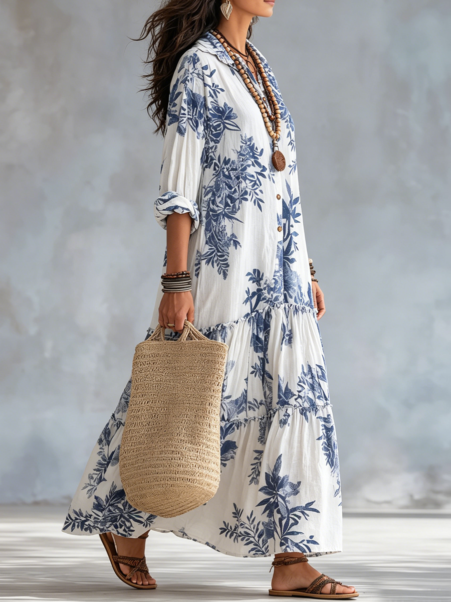 FAYE | Vestido Maxi Floral Azul con Botones