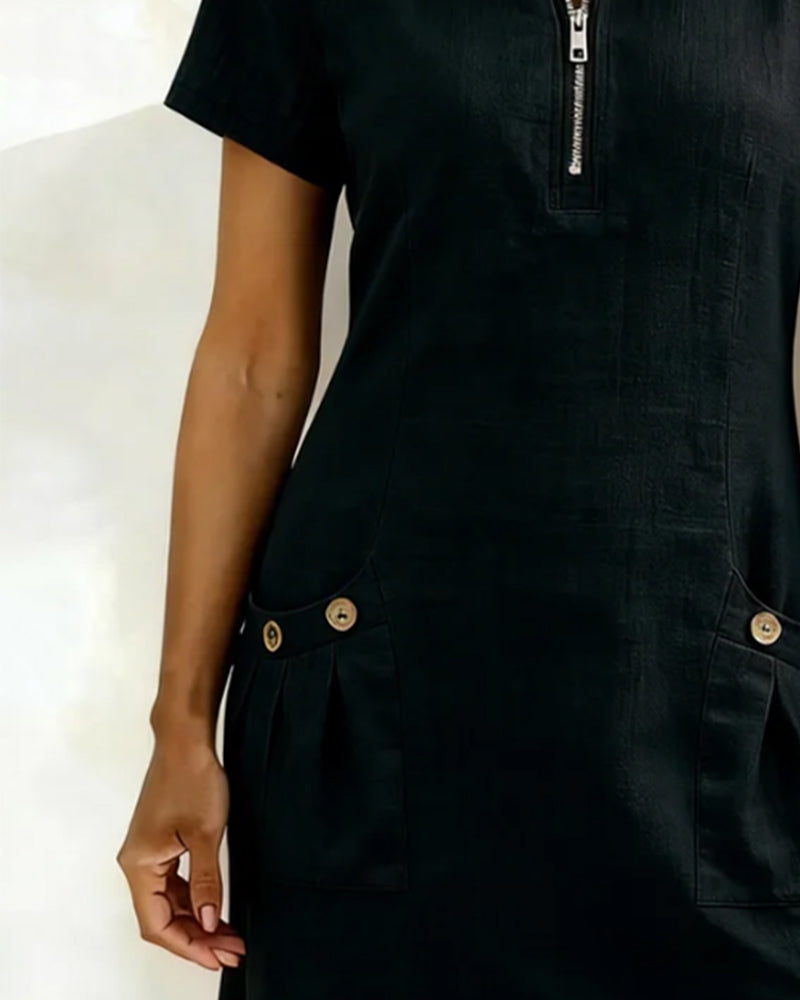Vestido con cremallera y bolsillo, de algodón y lino