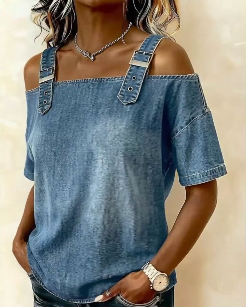 Alejandra | Blusa con hombros al aire y tirantes de denim