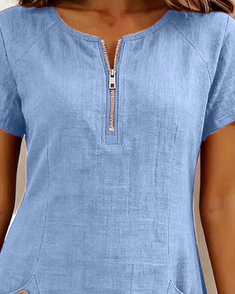 Vestido con cremallera y bolsillo, de algodón y lino