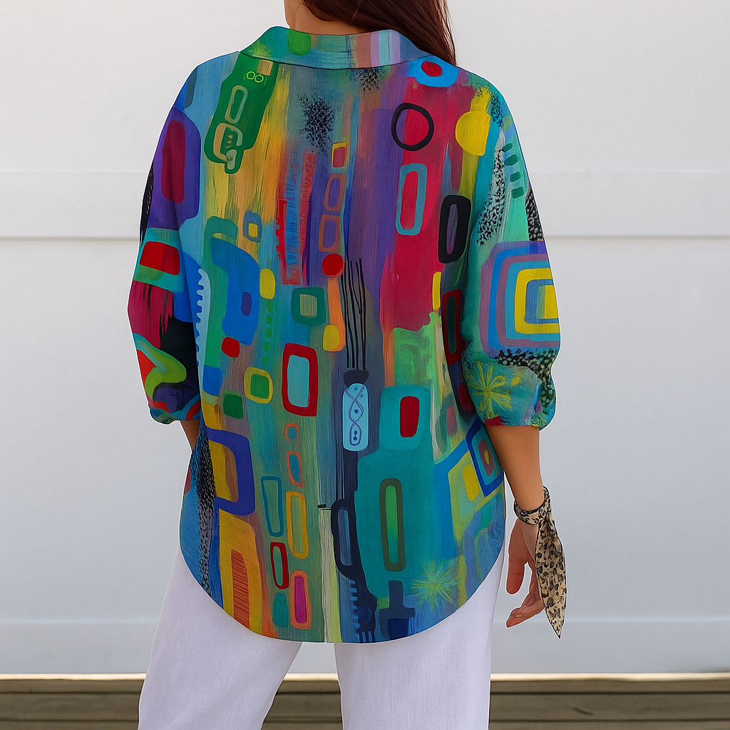 Catalina | Blusa Abotonada con Estampado Artístico Vibrante