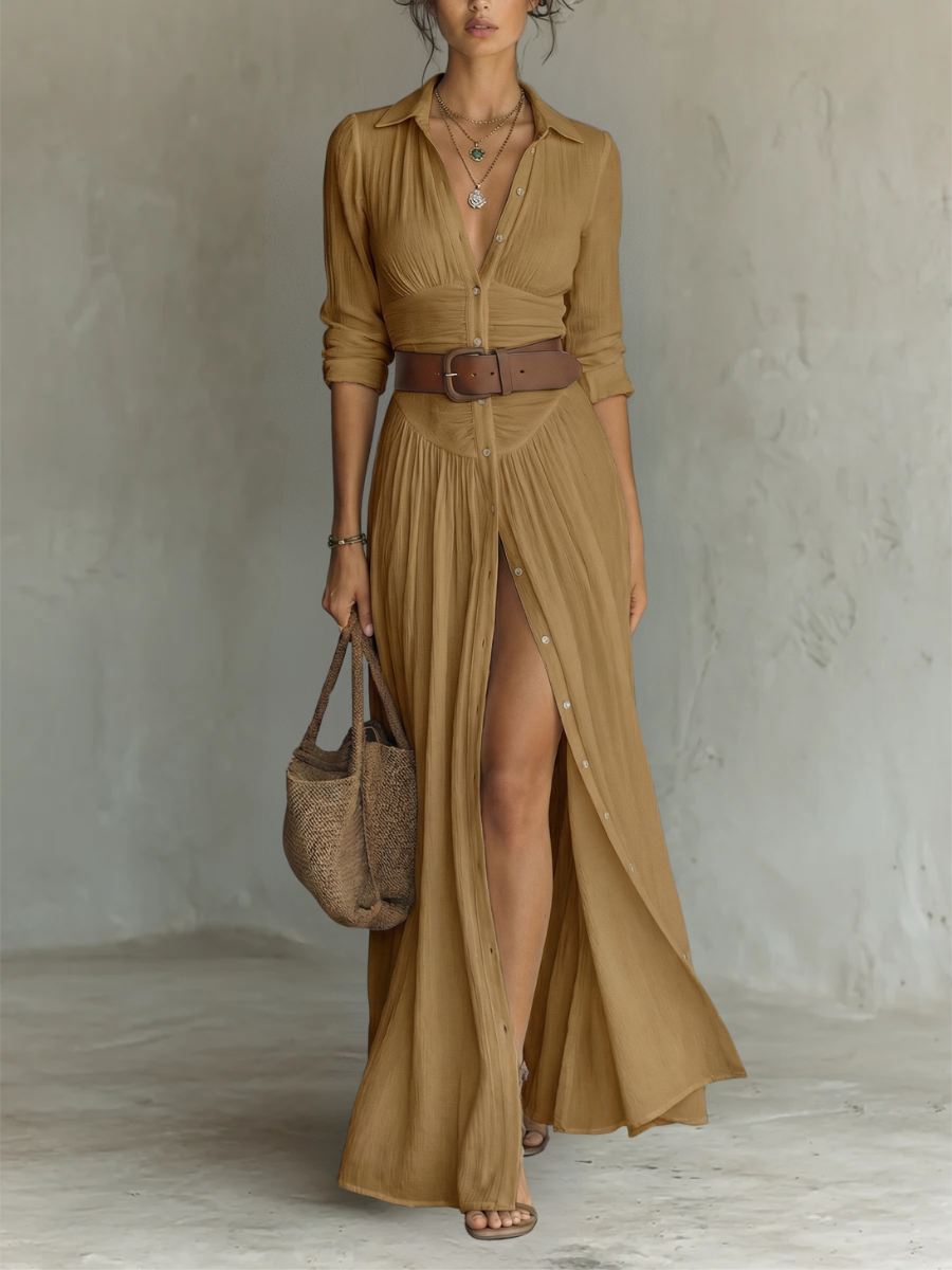 Vestido largo con cuello V y mangas largas de lino para mujer