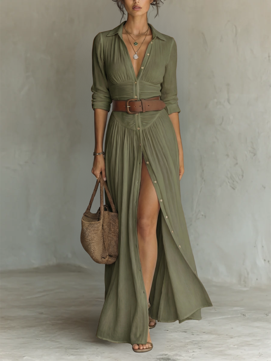 Vestido largo con cuello V y mangas largas de lino para mujer
