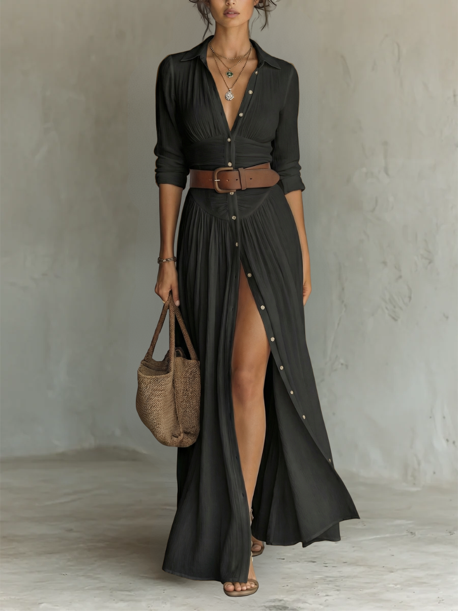 Vestido largo con cuello V y mangas largas de lino para mujer