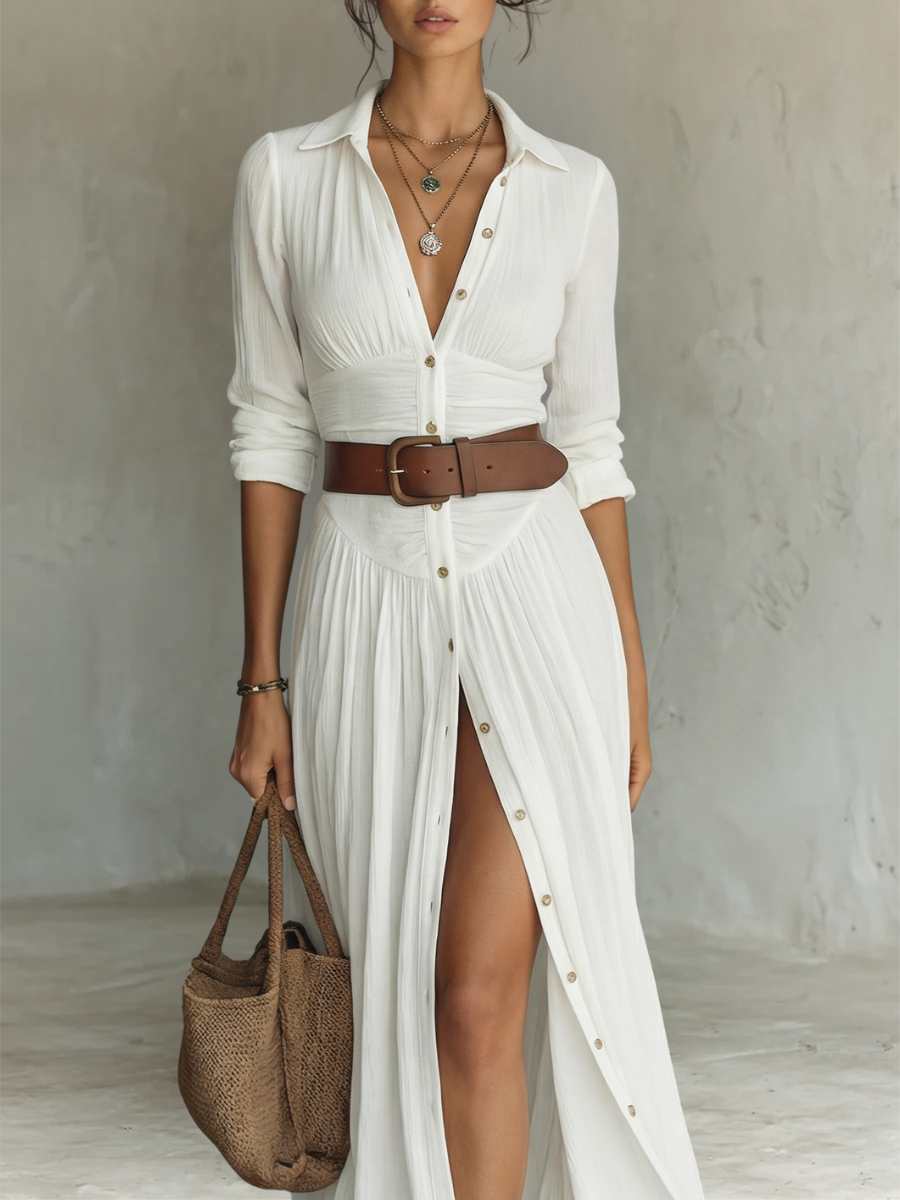Vestido largo con cuello V y mangas largas de lino para mujer