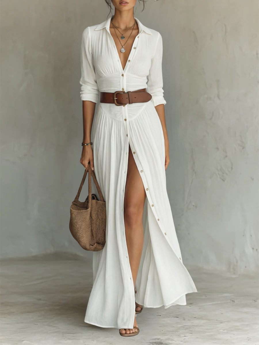 Vestido largo con cuello V y mangas largas de lino para mujer
