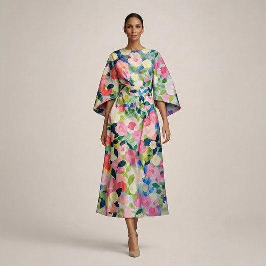 CLEMENTINE | VESTIDO MIDI FLORAL CON CINTURA MOLDEADA Y ELEGANCIA LIGERA