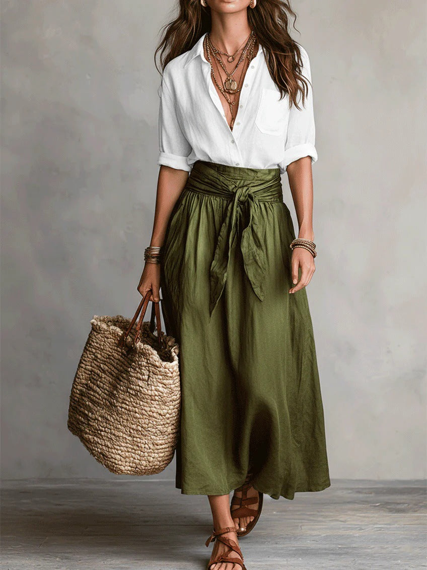RIVER | CONJUNTO DOS PIEZAS: TOP NEGRO Y FALDA MIDI VERDE OLIVA