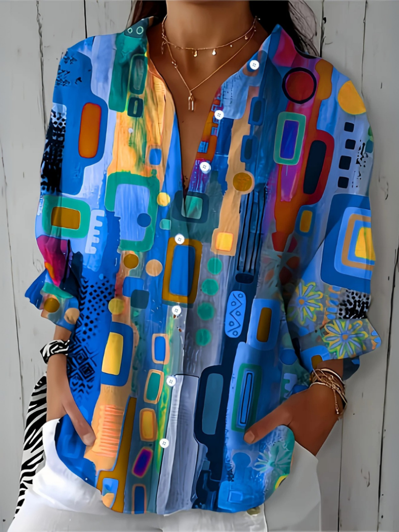 Catalina | Blusa Abotonada con Estampado Artístico Vibrante