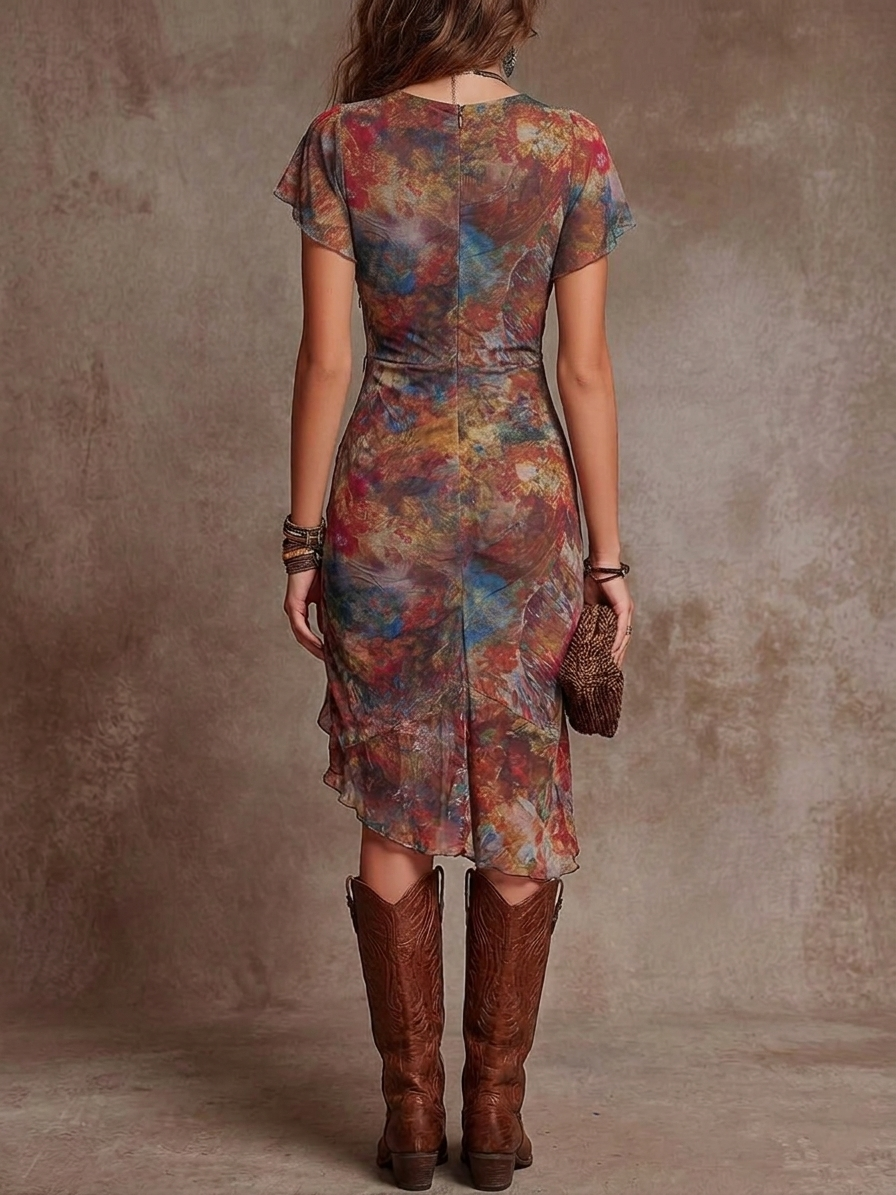 VESTIDO MIDI PLISADO CON CUELLO EN V Y ESTAMPADO ARTÍSTICO BOHEMIO