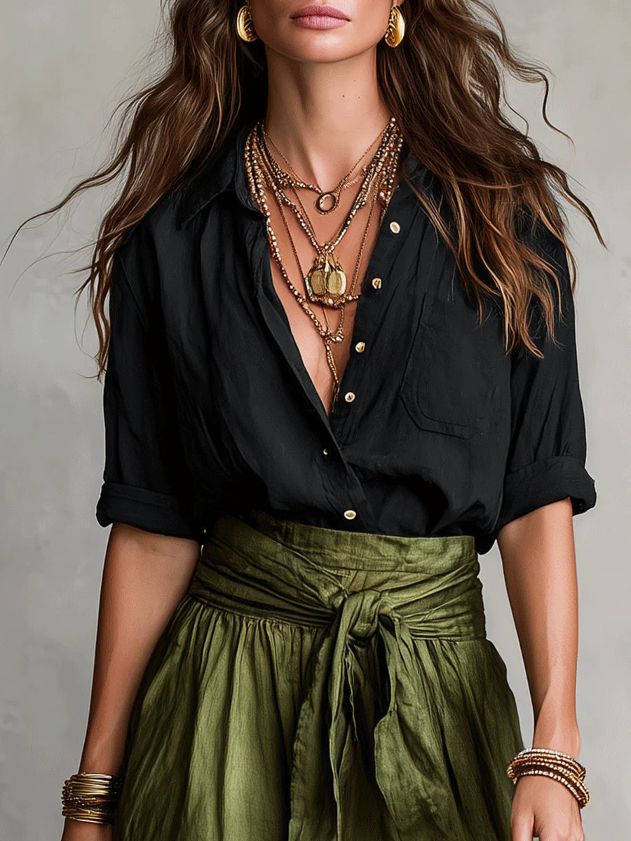 RIVER | CONJUNTO DOS PIEZAS: TOP NEGRO Y FALDA MIDI VERDE OLIVA