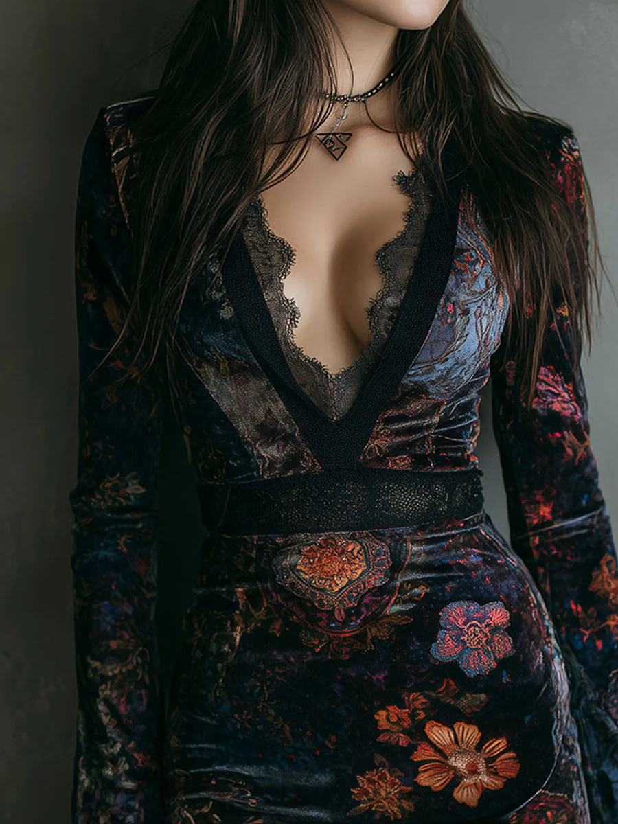 Vestido Mini de Terciopelo con Estampado Floral y Encaje