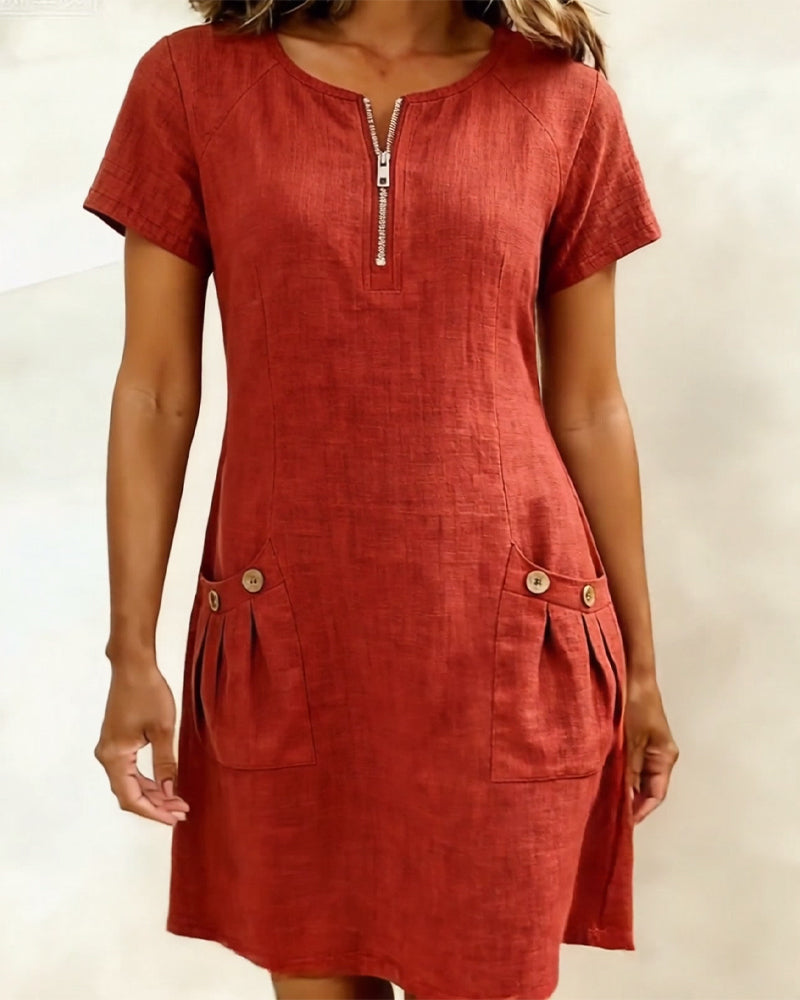 Vestido con cremallera y bolsillo, de algodón y lino