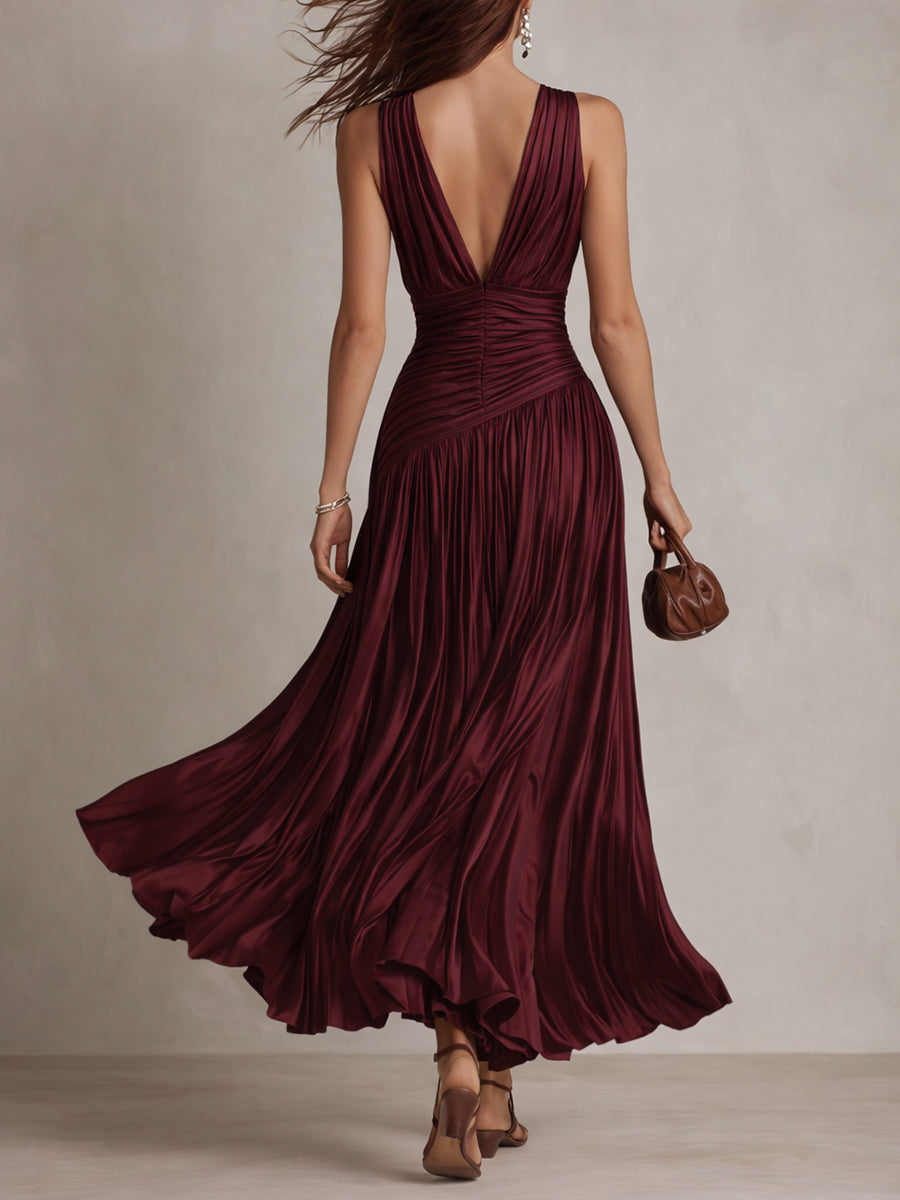 Vestido Maxi Vintage de Satén Plisado con Rayas